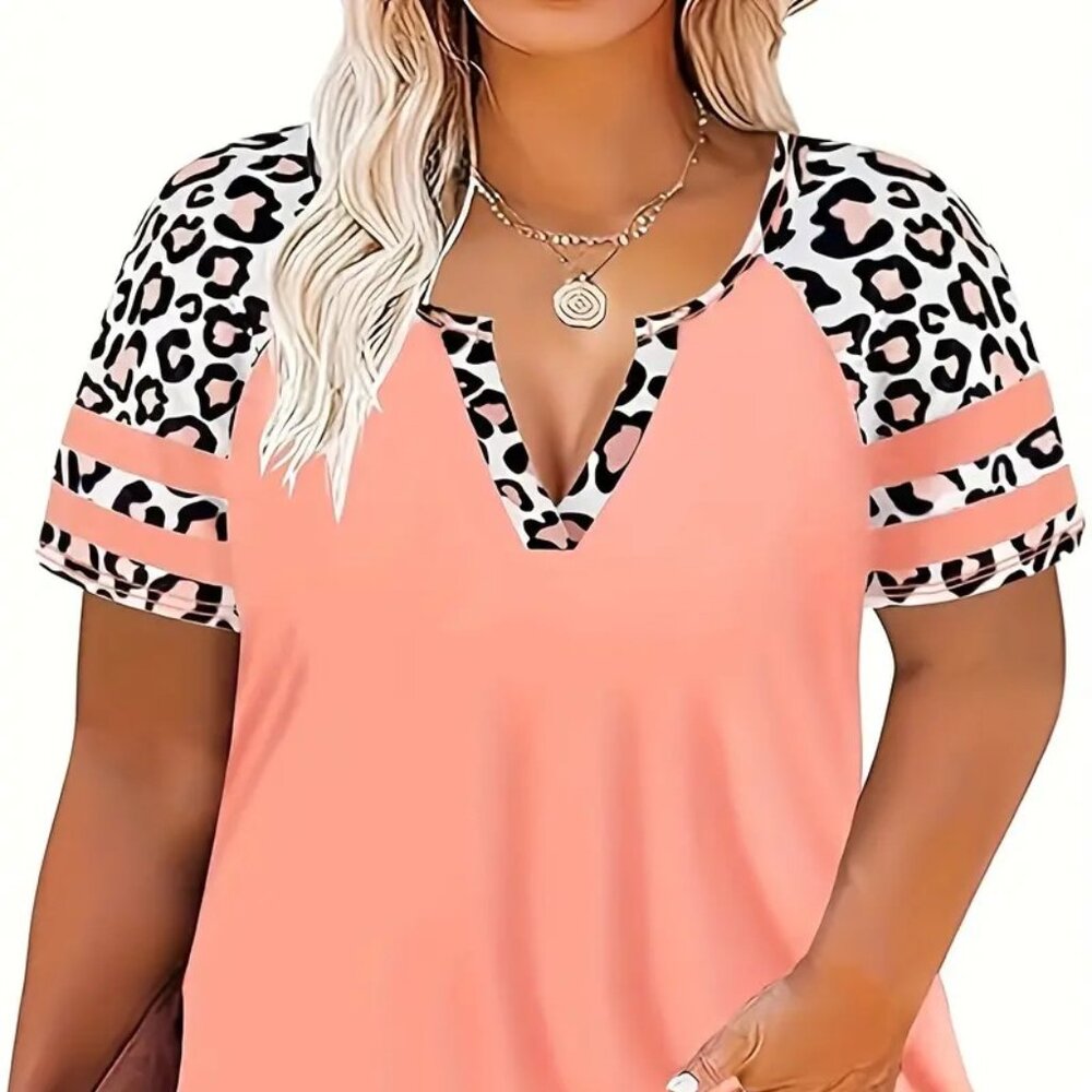 Women Plus Size Pink Leopard Print Casual Loose Fit Fashion Blouse Top 14W - 22W